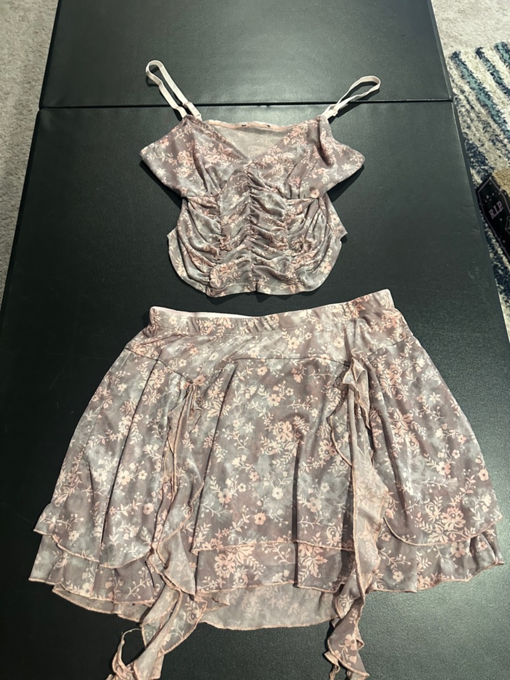 Hot Topic Pink Floral Ruched Crop Top & Skirt Set